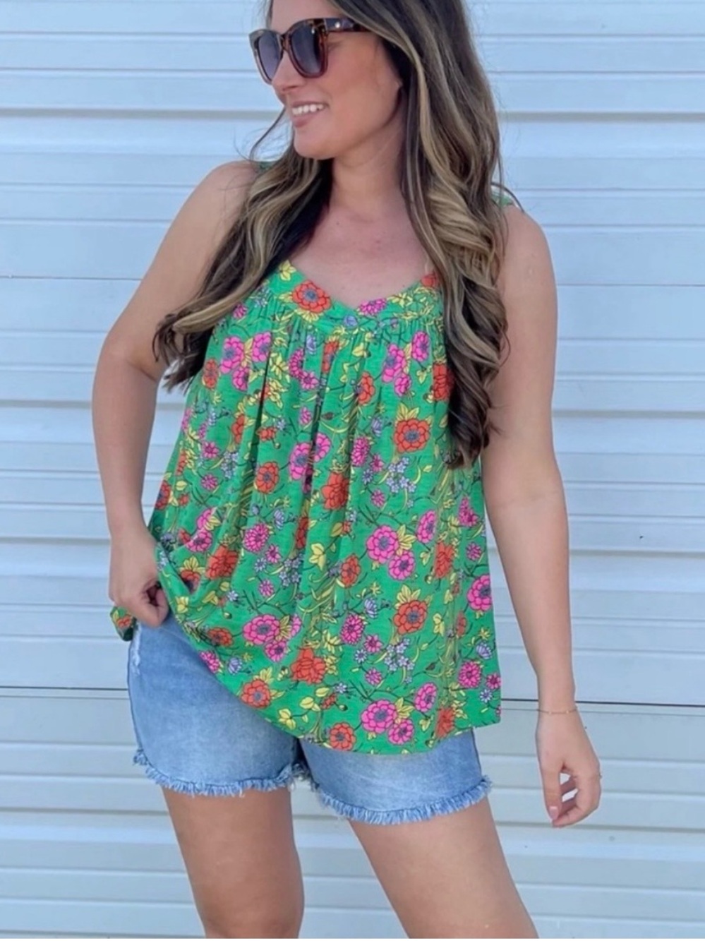 Sew in Love Green Floral Smocked Babydoll Tank Top Size Large
